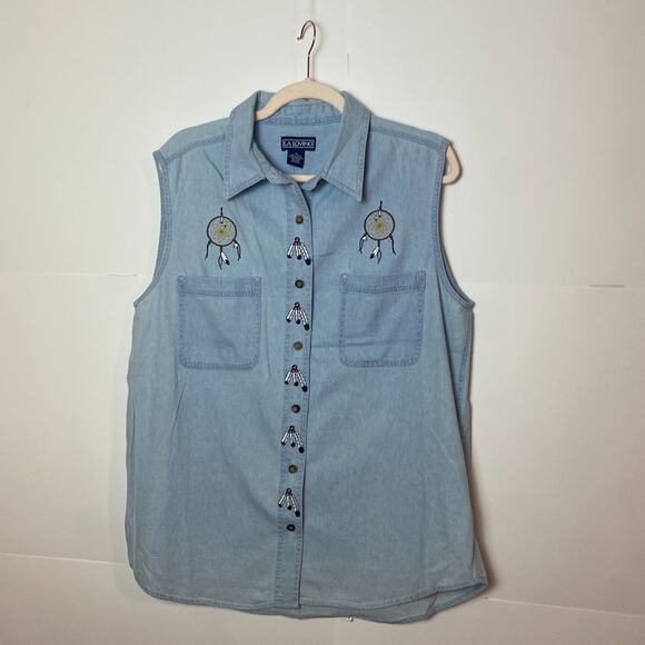 Vtg. Chambray Sleeveless Top Sz XL Embroidered Native American LA Loving Cotton - Picture 6 of 6